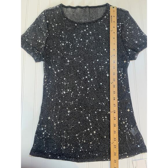 NWT MANGOPOP Collection SHEER Black Silver Stars Top Short Sleeve NYE - Size XL - Picture 5 of 8